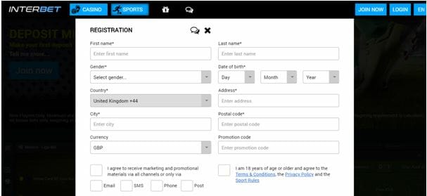 Interbet Registration Form Step 1