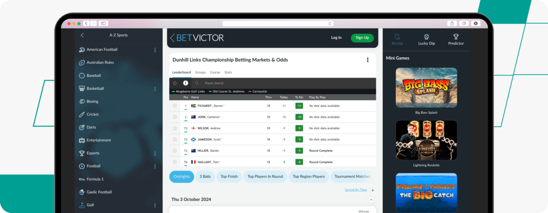 Golf market on betvictor website