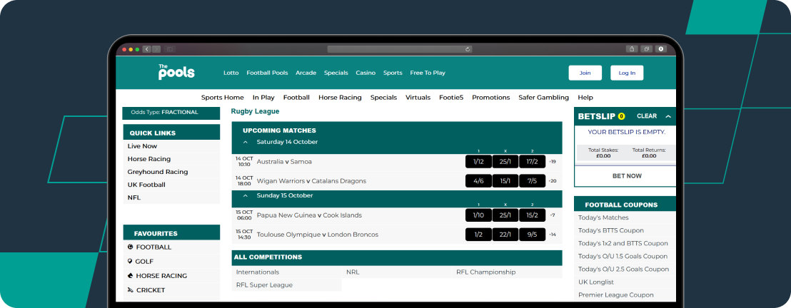 Screenshot of The Pools Rugby Betting Markets. 