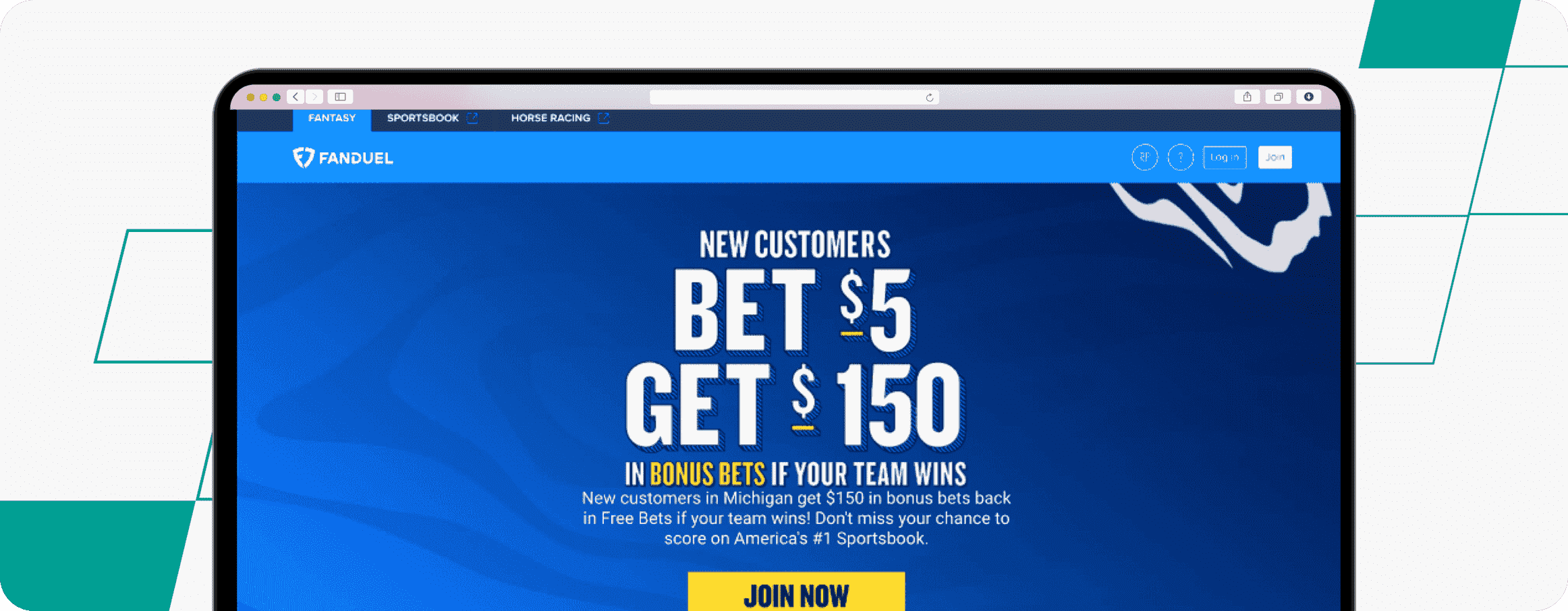 Screenshot of the latest welcome offer on FanDuel: Bet $5 Get $150.