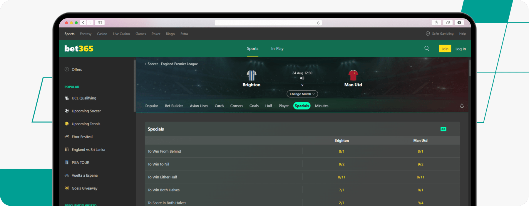 screenshot showing bet365 to win to nil odds