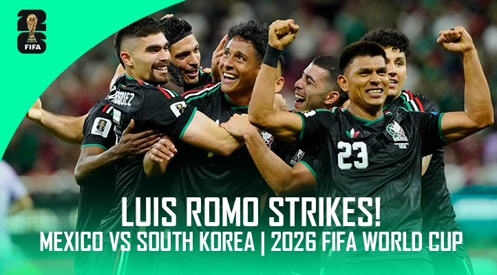 Luis Romo celebrates his goal for Mexico against South Korea at the 2026 FIFA World Cup in Guadalajara